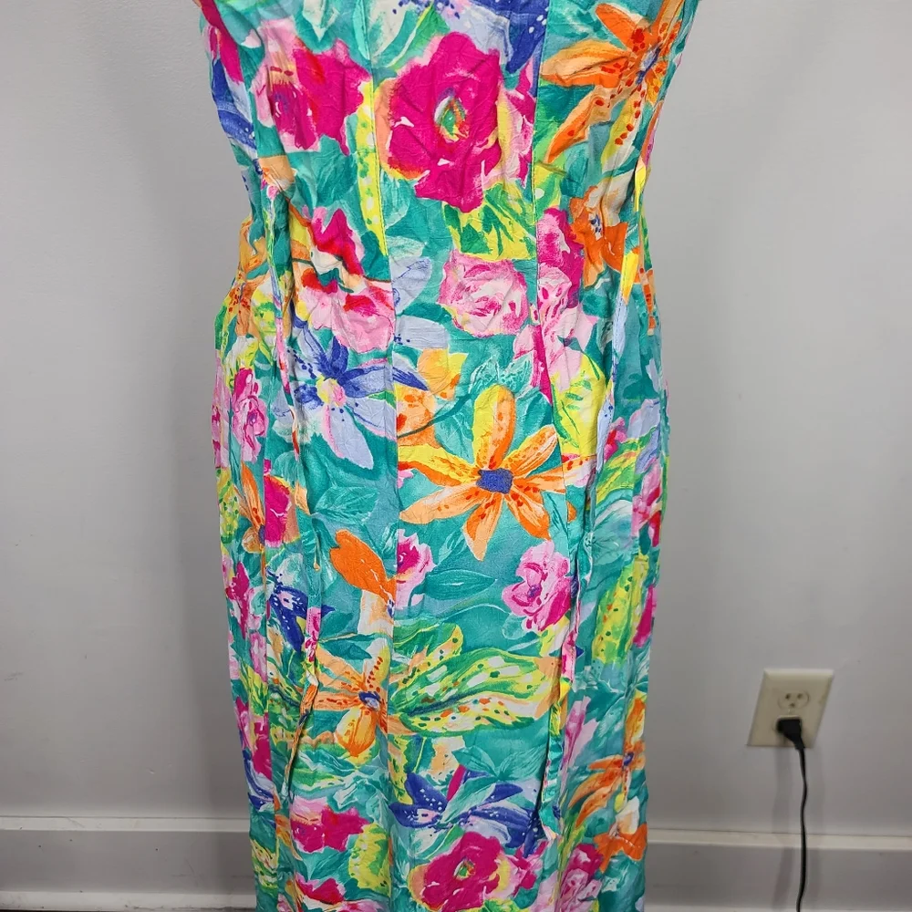 Vtg 80's/90's Jams World Bright Floral Tropical Print Back Tie Sash Midi Dress S - Picture 11 of 14